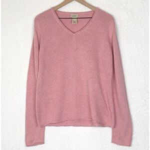 LL BEAN Linen Cotton Sweater Sz M Pink V-Neck Long Sleeve Minimal Rolled Edge
